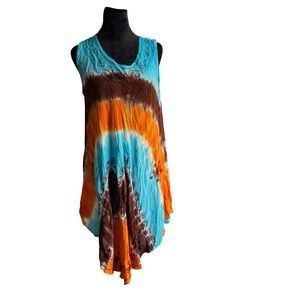 VTG boho hippie tie dye embroidered flowy dress multicolored one size